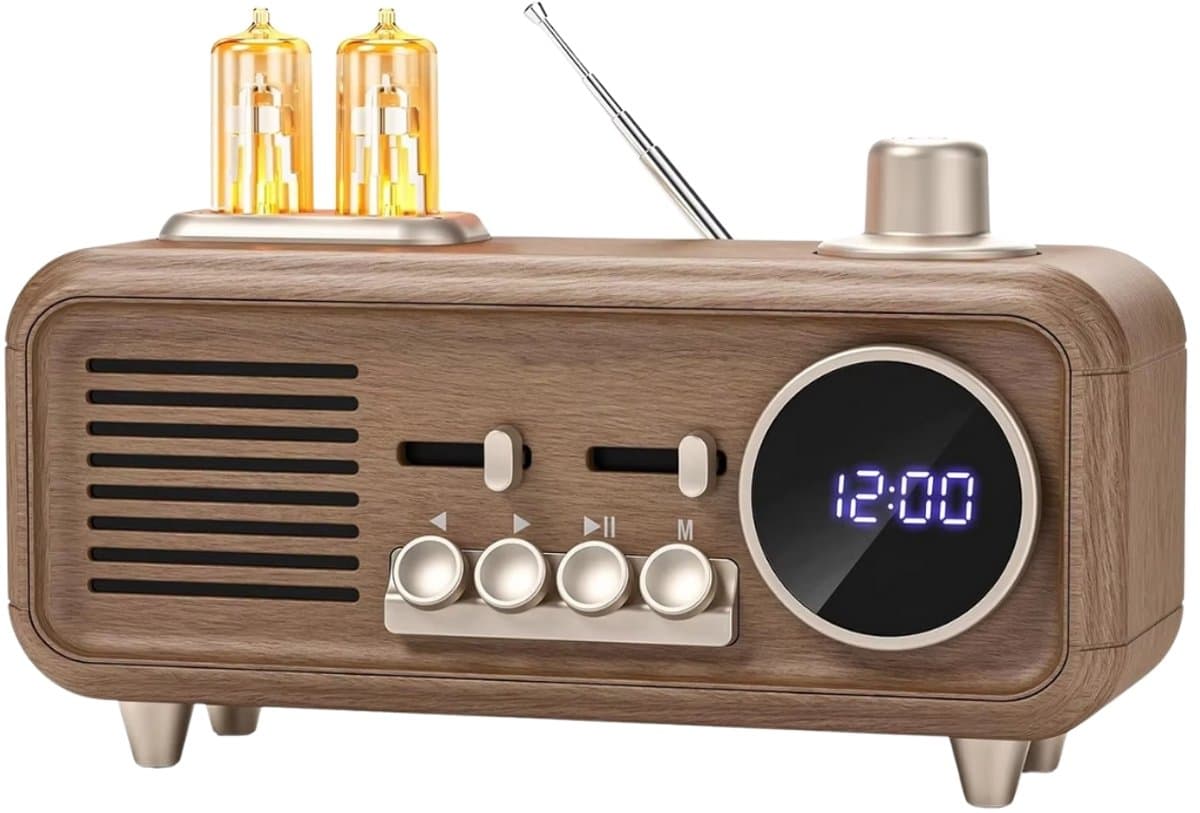 Retro Clock Radio Speaker met Buizenlamp Design – Digitale Klok & Nachtlamp – 7W Speaker – FM Radio & Bluetooth 5.4 — afbeelding 1