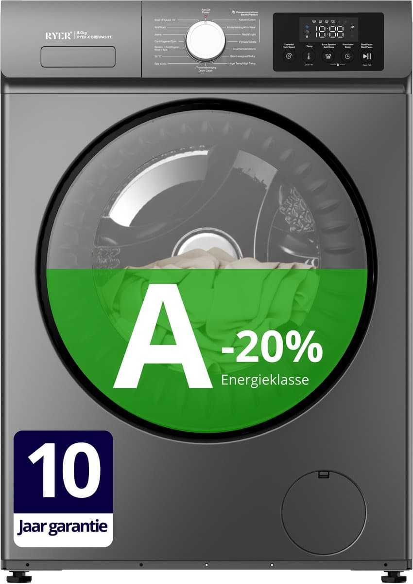 RYER CoreWash - Wasmachine - 8kg - 15 programma’s - 1200 toeren - Energieklasse A-20% - Voorwas met Stoom & Trommelreiniging - 75 dB - Antraciet - 2026 Model - 10 jaar garantie op motor — afbeelding 1