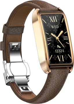 WizBay Premium Select® 1.13 Inch AMOLED Smartwatch Goud met Donker Bruin Leren Band – Hartslag, Bloeddruk SpO₂ Monitoring – Fitness Tracker – Elegant Vierkant Design – Android iOS — thumbnail 2