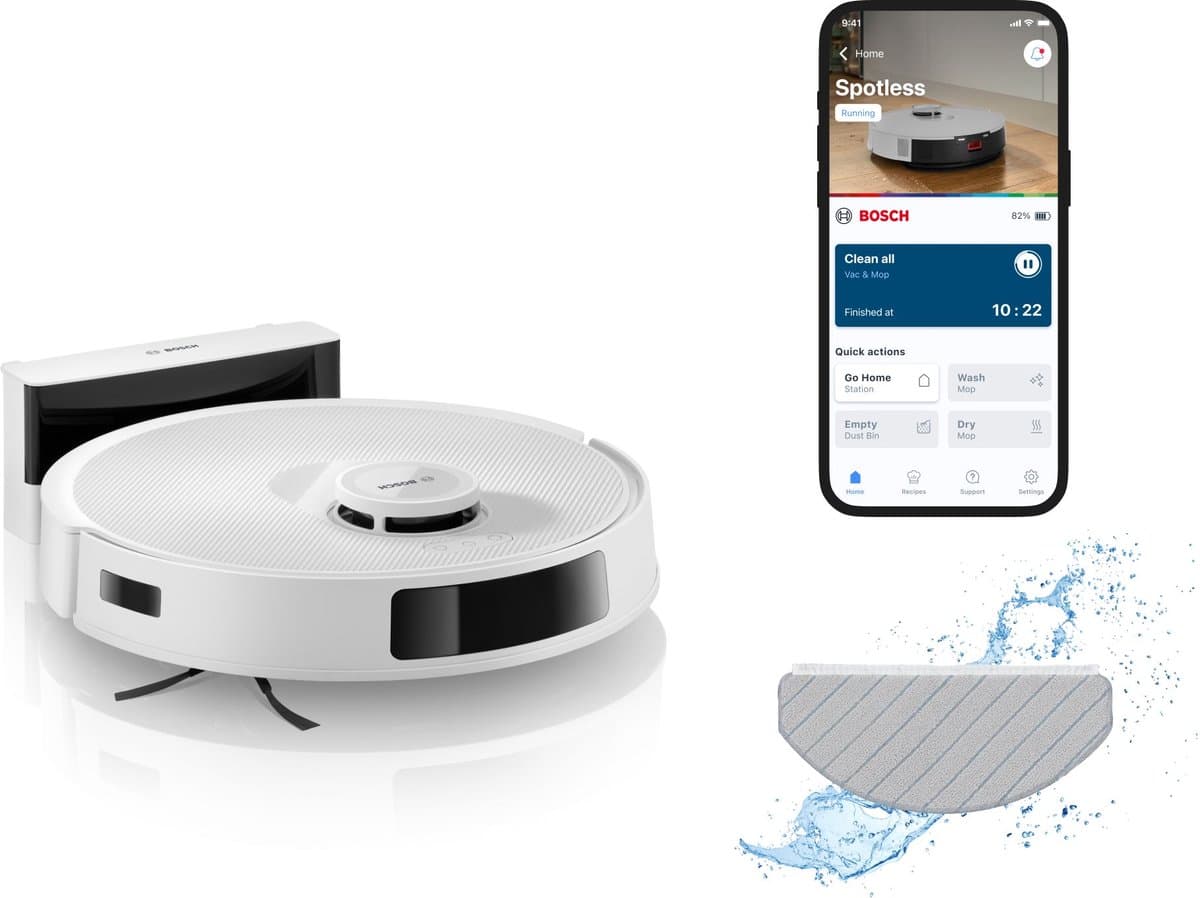 Bosch Spotless BCRC1W Robotstofzuiger met Dweilfunctie, 11,000 Pa Zuigkracht, Statische natte dweil, Smart Vision Infrarood Navigatie, Bosch Home Connect App, Wit — afbeelding 1
