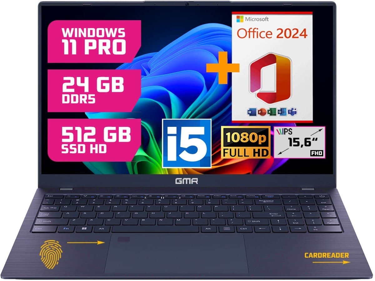 GMR Professional Laptop / 15.6 Inch Full HD Display / Intel Core i5 / 24GB DDR5 RAM / 512GB SSD / Windows 11 Pro & Office 2024 / Perfect voor Zakelijk en Studiegebruik — afbeelding 1