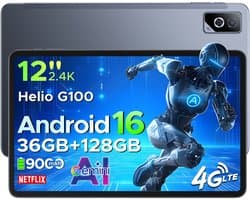 DOOGEE Tab G6 Pro – 12 inch tablet – 9000 mAh/18 W – 36 GB RAM + 128 GB ROM – Android 16 – Gemini AI – 2,4K 90 Hz IPS – Helio G100-chipset – 4G LTE – wifi – dubbele luidsprekers – Face ID