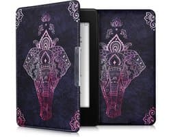 kwmobile e-reader hoesje geschikt voor Amazon Kindle Paperwhite hoes - E reader flip case met magnetische sluiting - Ereader cover - Olifantentekening design in roze / antraciet