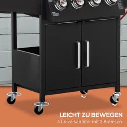 Gasbarbecue - Gasbarbecue en grill - 4 Branders - Verrijdbare Barbecuewagen - met Grillrooster, 4 Wielen, Bijzettafels, Drukregelaar, Slangen, Hermometer en Warmhoudplaten - Zwart — thumbnail 3