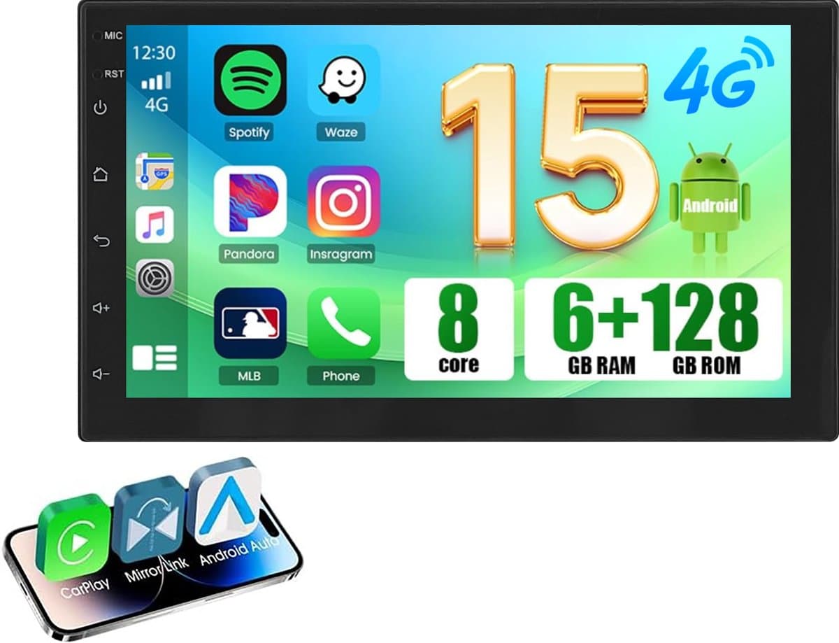 ESSGOO Autoradio 2Din Universeel - Android 15 - Apple Carplay & Android Auto (Draadloos) - 6+128GB - 7 Inch HD Touchscreen - GPS, FM/AM, 4G WIFI — afbeelding 1