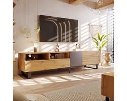 Modern TV-meubel voor schermen tot 75 inch - Laag Dressoir met 2 Lades en Open Vakken - Natuur Houtlook - 180 cm Breed