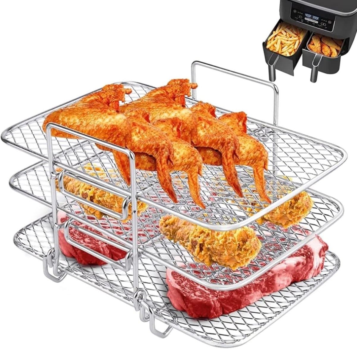 JeiibrZui Airfryerrek - RVS Grill - Drie Lagen/Stapelbaar/3 Stuks - Geschikt voor Oven en Airfryer - Zilverwit — afbeelding 1