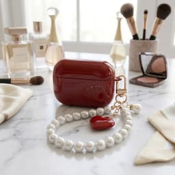 Wijnrood glanzend hoesje voor oordopjes dames met parel polsband en hart hanger geschikt voor AirPods 4 hardcase met goudkleurige clip — thumbnail 2