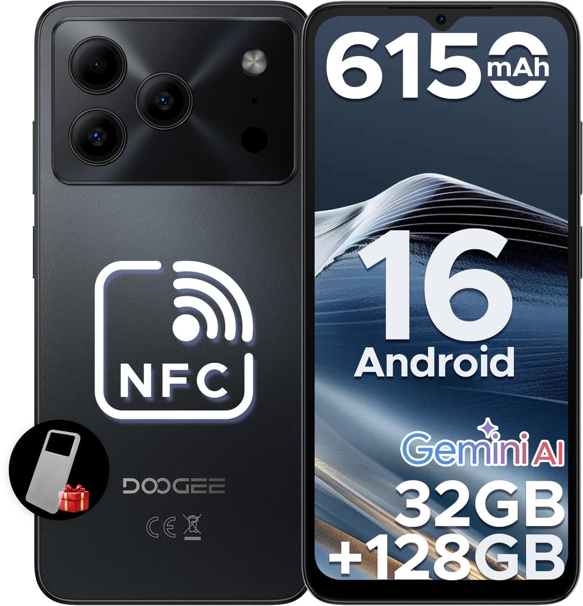DOOGEE Note 56 Pro - Smartphone - 32GB RAM + 128GB ROM(2TB/TF) - Gemini AI - Android 16 - 6150mAh - 6,56 inch HD + 90Hz - 4G Dual SIM - Gemini AI - OTG - NFC - Face ID - GPS - Zwart — afbeelding 1