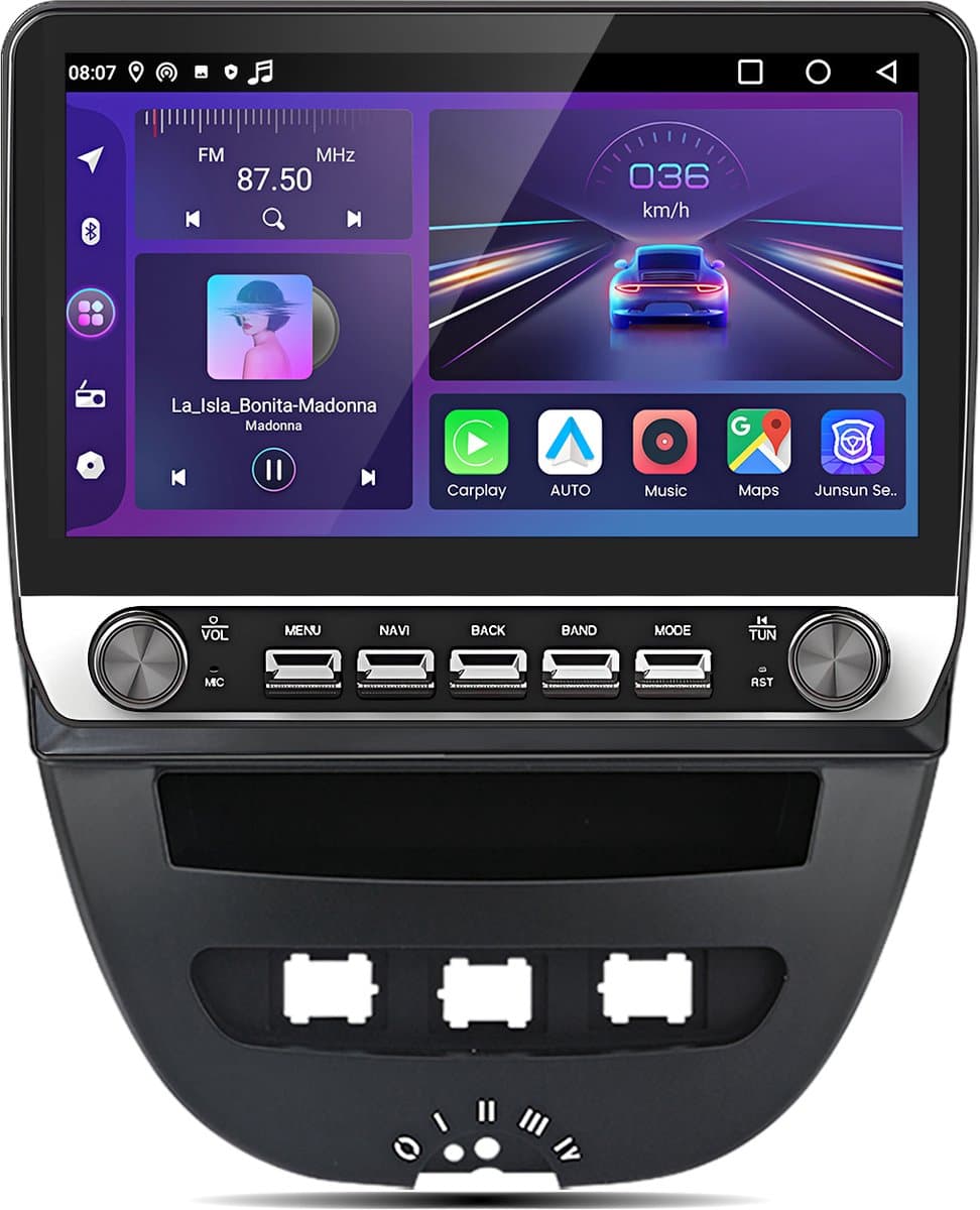 Junsun Autoradio - Geschikt Voor Peugeot 107/ Toyota Aygo & Citroën C1 (2005-2014) Accessoires - Android 15 - Draadloze CarPlay, Bluetooth, GPS-Navigatiesysem, 10.1 inch IPS Touchscreen, 4GB+64GB, DSP, 4G, RDS, Octa-core processor — afbeelding 1