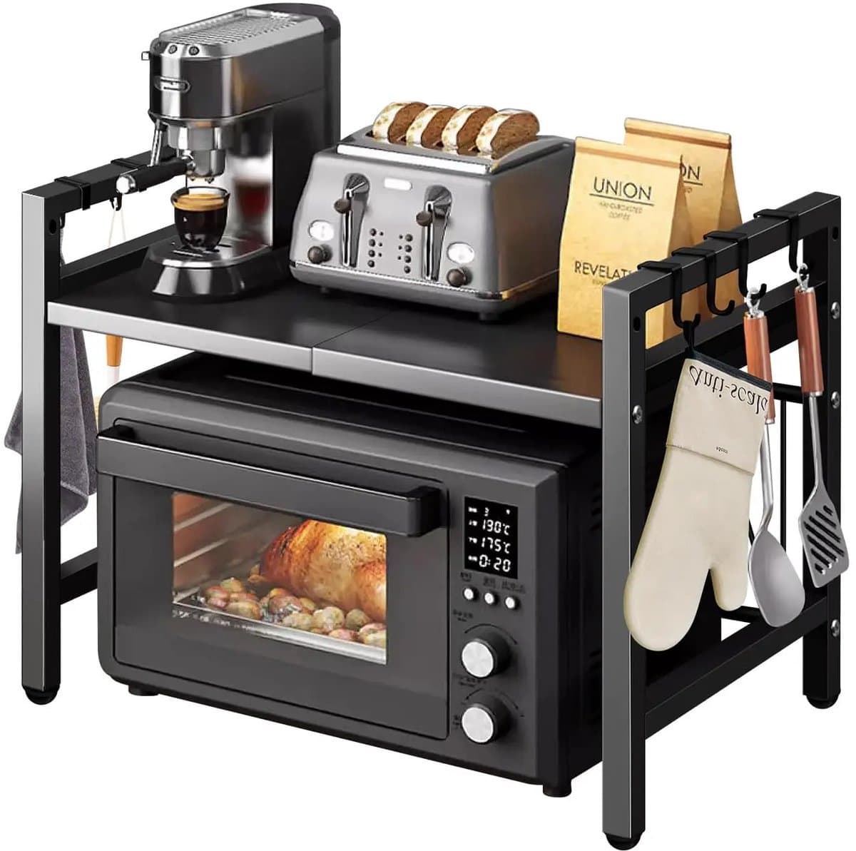 Deliqa magnetronrek organisator - zwart - uitschuifbaar - 42 - 64 cm - organizer - opbergrek - 20 kg draagvermogen - voor oven / magnetron / airfryers — afbeelding 1