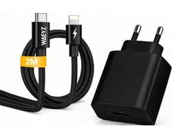 WAEYZ 25W Super Snellader Zwart + 2 Meter USB-C Gevlochten Kabel naar Compatible Lightning aansluiting – Extra Stevig Gevlochten – Oplader Adapter Set Geschikt voor iPhone & iPad met Lightning Poort