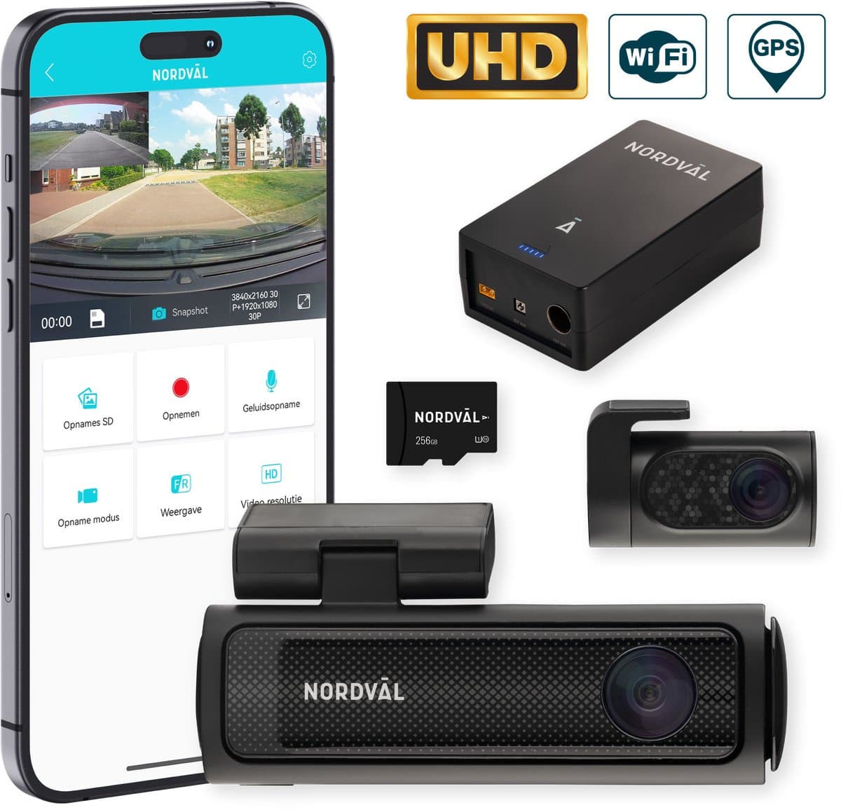 Nordväl DC202-2CH Dashcam – Incl. 256GB SD Kaart & BP125 Battery Pack – 4K Ultra HD voor en 2K QHD achter – Wifi – GPS – Parkeermodus – Dashcam voor auto – Auto Camera — afbeelding 1