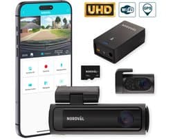 Nordväl DC202-2CH Dashcam – Incl. 256GB SD Kaart & BP125 Battery Pack – 4K Ultra HD voor en 2K QHD achter – Wifi – GPS – Parkeermodus – Dashcam voor auto – Auto Camera