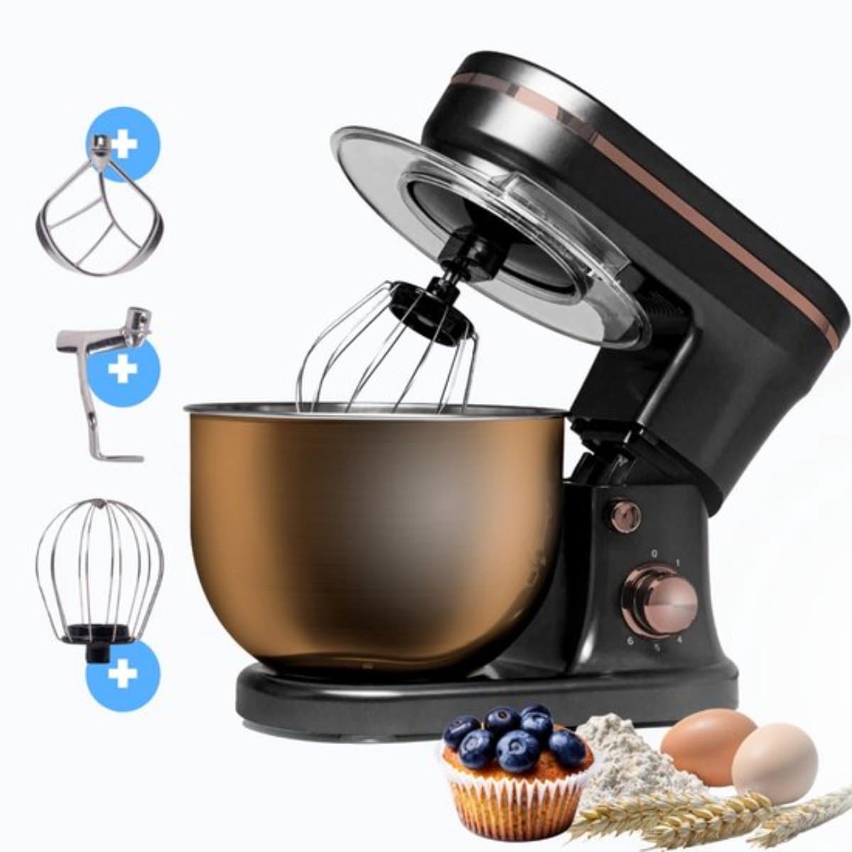BluMill Keukenmachine - RVS - 6 Snelheden - Keukenmachine met kom - 5 Liter - met Accessoires - 1200W - Zwart / Rosé Goud — afbeelding 1