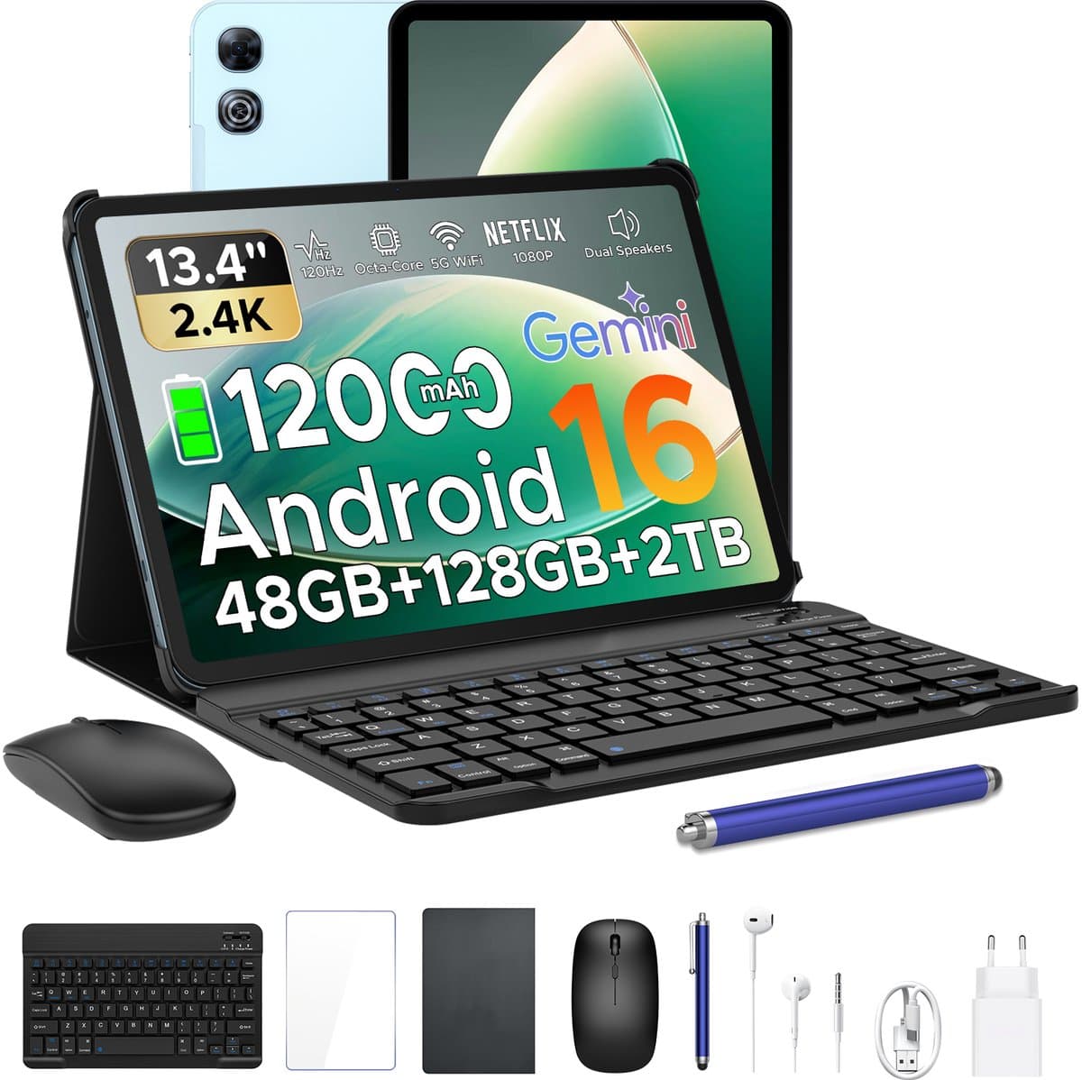 Aorlym P13 - Tablet - Tablets - 48 GB RAM + 128 GB ROM - 13,4 inch 2,4K 120 Hz - Android 16 - Gemini AI - 12000 mAh/18 W - Face ID - Widevine L1 - 13 MP + 8 MP camera - Dubbele luidsprekers - Tablet met toetsenbord en pennenhouder - Blauw — afbeelding 1