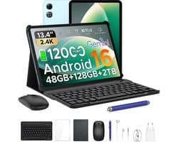 Aorlym P13 - Tablet - Tablets - 48 GB RAM + 128 GB ROM - 13,4 inch 2,4K 120 Hz - Android 16 - Gemini AI - 12000 mAh/18 W - Face ID - Widevine L1 - 13 MP + 8 MP camera - Dubbele luidsprekers - Tablet met toetsenbord en pennenhouder - Blauw