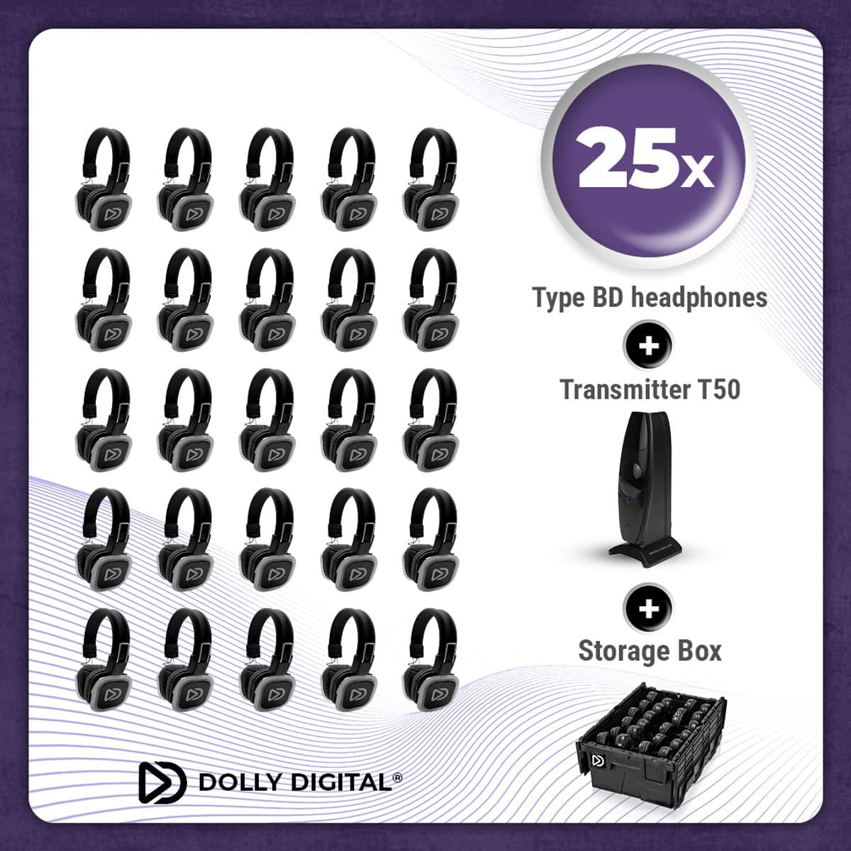 Complete Set 25x Dolly Digital© BD Draadloze Koptelefoons voor groepen + T50 Zender + Professionele Storage Box| Silent Disco — afbeelding 1