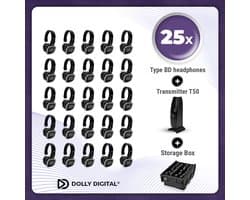 Complete Set 25x Dolly Digital© BD Draadloze Koptelefoons voor groepen + T50 Zender + Professionele Storage Box| Silent Disco