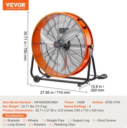 VEVOR Trommelventilator Vloerventilator Staande Ventilator 3 Snelheden 145W 78x71x32CM — thumbnail 3