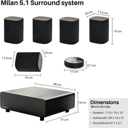 Clruro 5.1 Surround Sound Systeem – Draadloos – WiSA Certified – 24-bit 48 kHz – Scandinavisch Design – Zwart — thumbnail 2