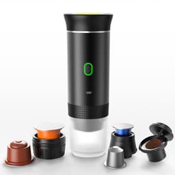 Draagbaar koffiezetapparaat voor op reis - Draadloos ontwerp, geschikt voor gebruik in de auto - 12V - Espresso - Compatibel met Nespresso en Dolce & Gusto koffiemachines - Koffie in capsules - Gemalen koffie - Kopformaat - Oplaadbaar - Zwart — thumbnail 1