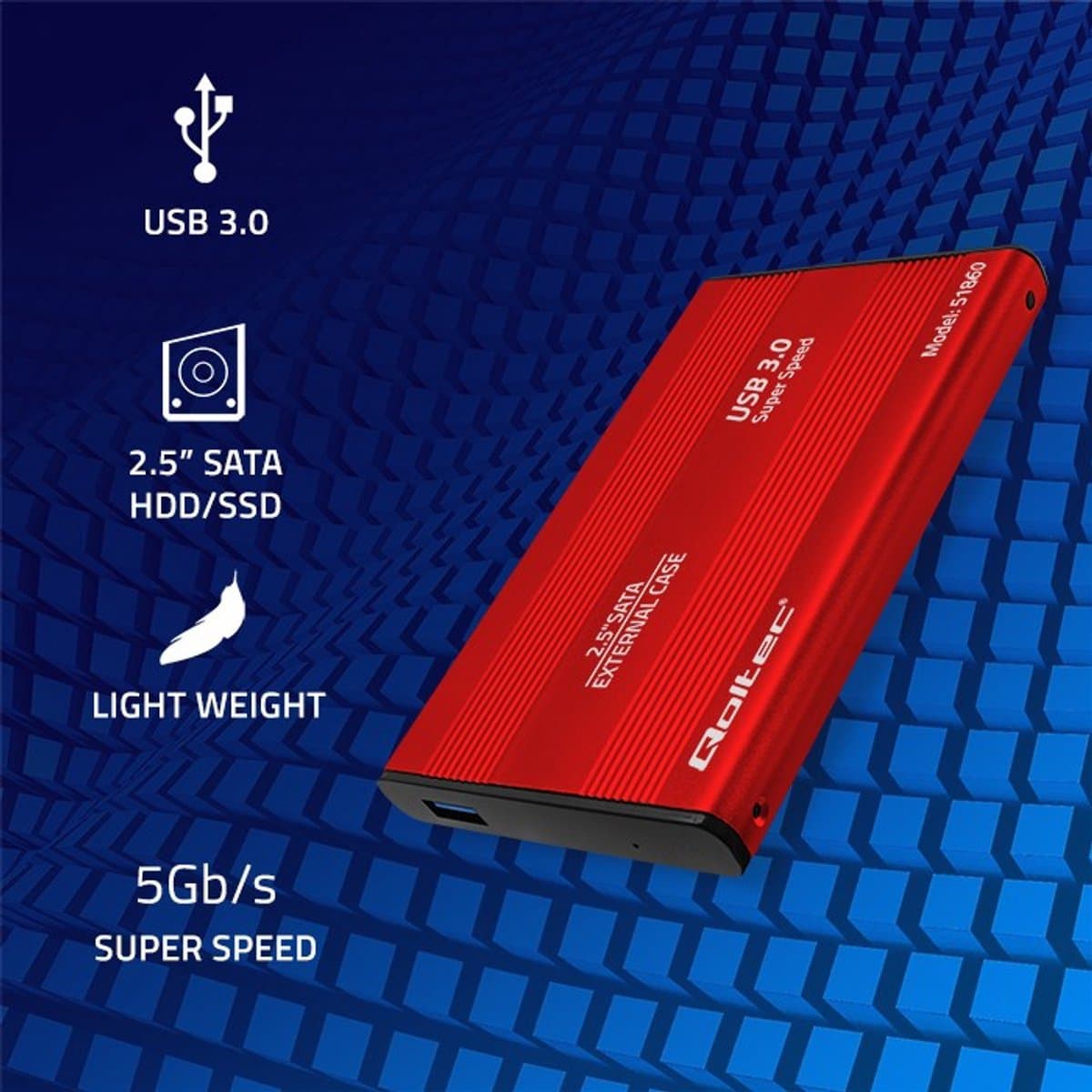 Qoltec Externe Harde Schijf Behuizing HDD/SSD 2.5'' SATA3 | USB 3.0 | Rood. — afbeelding 1