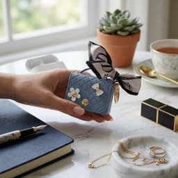Blauw hoesje voor oordopjes dames met strik en decoratieve details geschikt voor AirPods Pro 3 kunstleer hardcase met ring en lint — thumbnail 2