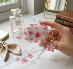 Transparant roze hoesje voor oordopjes dames met bloemen patroon en decoratieve hanger geschikt voor AirPods Pro 3 met ronde vorm en goudkleurige clip — thumbnail 4