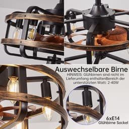 Plafondventilator met Verlichting - Industriële Retro - Zwarte Metalen Kooi - Stille 3 Snelheden - Reversibel Plafondventilator - Met Afstandsbediening - Vervangbaar 6x E14 - Lamp voor Woonkamer — thumbnail 4
