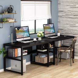 Van Elmont Bureau - Dubbel Lang Bureau voor twee personen met opbergruimte - Computerbureau - Computertafel - Metaal / Hout - Industrieel Design - Bureautafel voor Thuiskantoor - Zwart - 60 x 200 x 75 cm - voor Gamen - Studeren en Werken — thumbnail 5