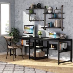 Van Elmont Bureau - Dubbel Lang Bureau voor twee personen met opbergruimte - Computerbureau - Computertafel - Metaal / Hout - Industrieel Design - Bureautafel voor Thuiskantoor - Zwart - 60 x 200 x 75 cm - voor Gamen - Studeren en Werken — thumbnail 3