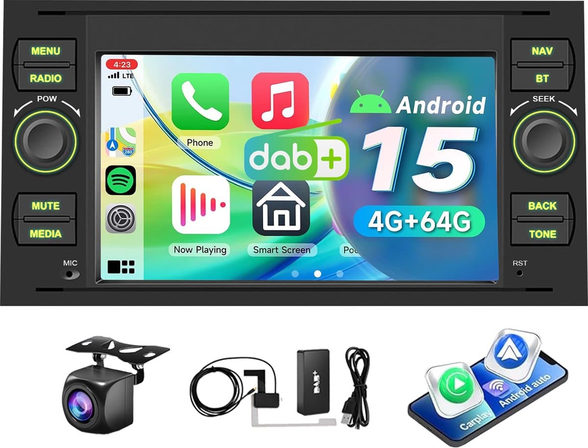 ESSGOO Autoradio voor Ford Transit MK7, Focus MK2, Fiesta MK5, C-Max, S- Max - Android 15 4+64GB- Apple Carplay & Android Auto - 7'' Touchscreen - DAB & Achteruitrijcamera — afbeelding 1