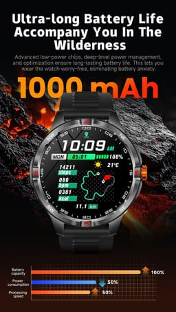 Knobbout 1.46” Sport Smartwatch met Extra Lange Batterijduur – 1000mAh - LED-zaklamp & kompas - AI Spraakassistent - Bluetooth Bellen - 100+ Sportmodi, IP68 Waterdicht -Bruin Silicone — thumbnail 2