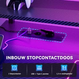 Gaming Bureau met LED Verlichting - 150L x 115H x50B cm - Hoekbureau met Stopcontact - 3 Non Woven Lade - Gaming Desk - Computer Tafel - Gaming Tafel - met Opbergplanken & IJzeren Haak - Zwart - Bureau voor Gamen, Studeren en Werken — thumbnail 7