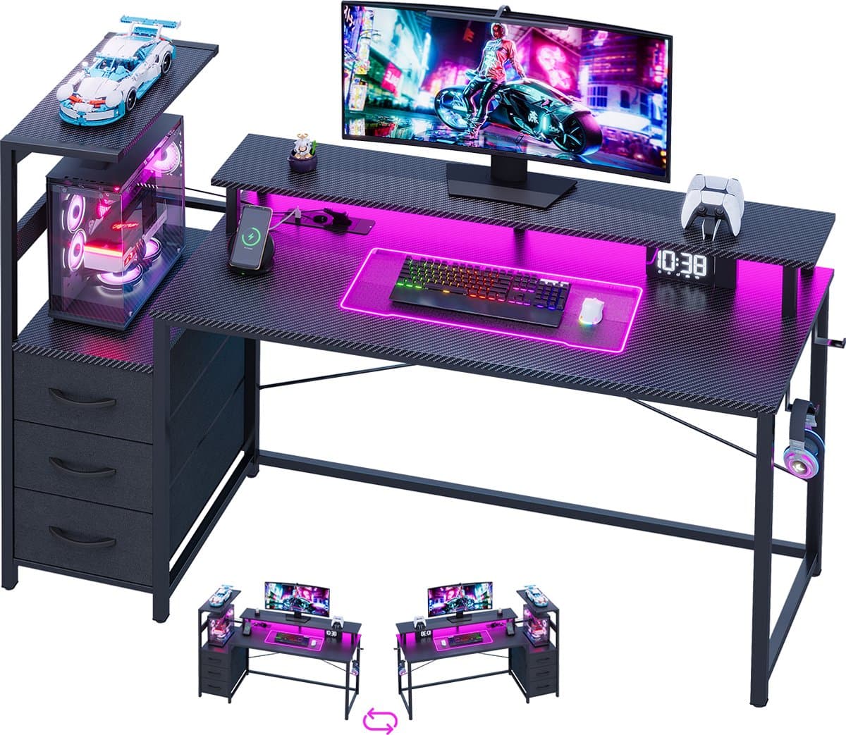 Gaming Bureau met LED Verlichting - 150L x 115H x50B cm - Hoekbureau met Stopcontact - 3 Non Woven Lade - Gaming Desk - Computer Tafel - Gaming Tafel - met Opbergplanken & IJzeren Haak - Zwart - Bureau voor Gamen, Studeren en Werken — afbeelding 1