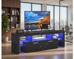 TV-meubel hoogglans met RGB LED-verlichting 160 × 35 × 45 cm – TV kast / TV lowboard voor 55-70 inch televisie met 2 grote kasten, glazen planken en opbergruimte – Modern zwart – Depauw