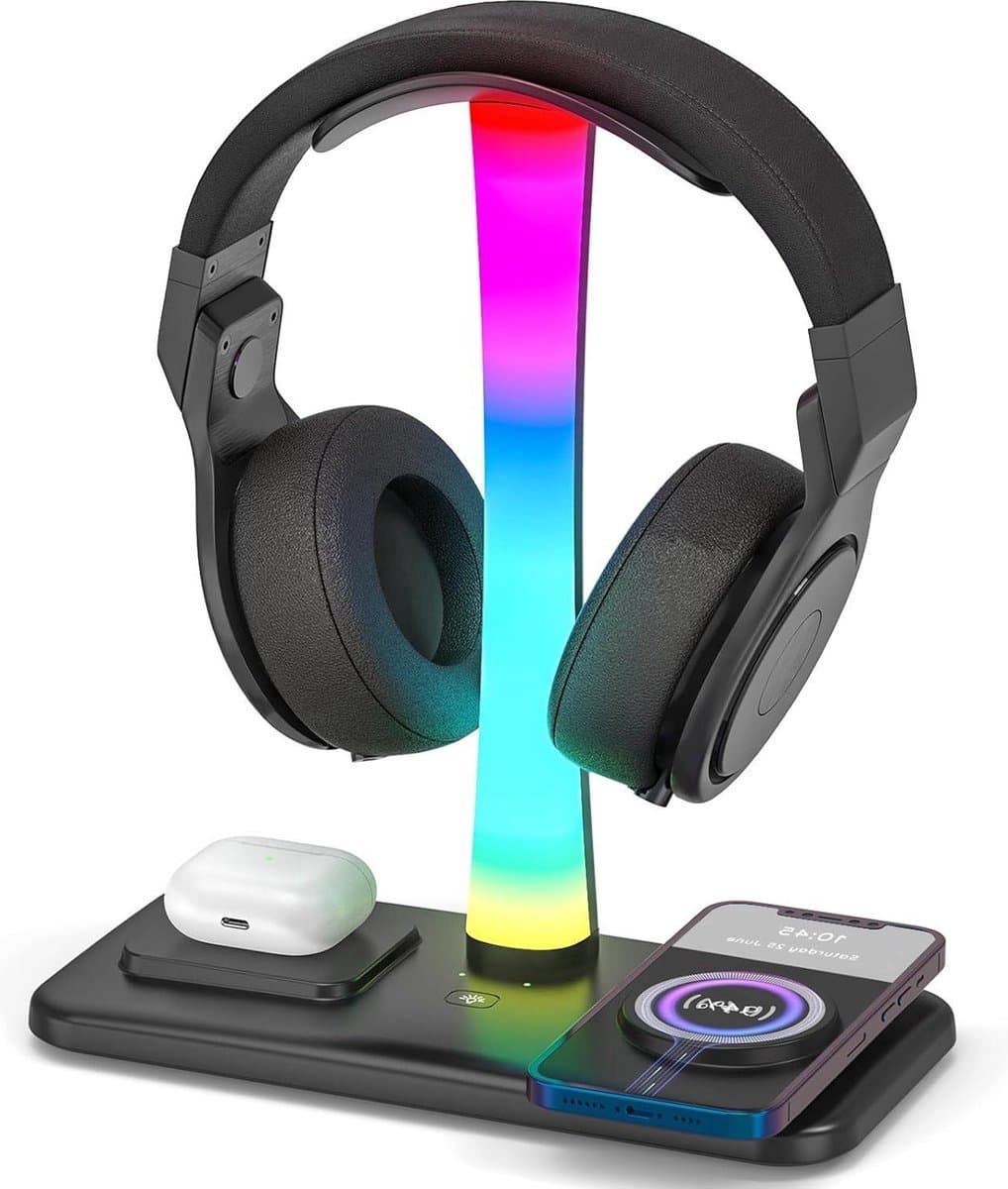 3-in-1 RGB Gaming Hoofdtelefoonstandaard - Headsethouder met 15 W draadloze oplader - Gaming-hoofdtelefoonhouder met 9 lichtstanden - voor alle hoofdtelefoons - Geheugenfunctie - Koptelefoon standaard - houder - Zwart — afbeelding 1