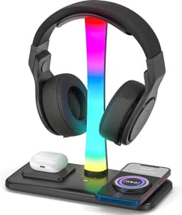 3-in-1 RGB Gaming Hoofdtelefoonstandaard - Headsethouder met 15 W draadloze oplader - Gaming-hoofdtelefoonhouder met 9 lichtstanden - voor alle hoofdtelefoons - Geheugenfunctie - Koptelefoon standaard - houder - Zwart — thumbnail 1