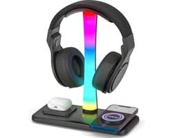 3-in-1 RGB Gaming Hoofdtelefoonstandaard - Headsethouder met 15 W draadloze oplader - Gaming-hoofdtelefoonhouder met 9 lichtstanden - voor alle hoofdtelefoons - Geheugenfunctie - Koptelefoon standaard - houder - Zwart