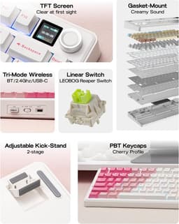 EPOMAKER x AULA F75 MAX - Roze / Wit - Mechanisch Draadloos Toetsenbord - RGB - 75% - QWERTY - Gaming Keyboard - Leobog Reaper Switch — thumbnail 3