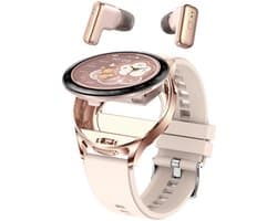 WizBay Premium Select® 1.39inch 2in1 Sport Smartwatch Dames Heren MP3 Player met EARBUDS - 300Ah Watch - 25mAh Earbuds - Bluetooth Bellen - AI Voice - O2 Bloeddrukmeter Multi Sport Modes - Android iOS - Goud met Roze Siliconen Band