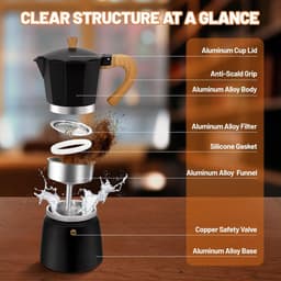 150ml 3-Kops Aluminium Moka Pot Fornuis Espressomachine - Klassiek Italiaans Design voor Italiaanse & Cubaanse Koffie, Geschikt voor Thuis & Kamperen - zwart — thumbnail 3