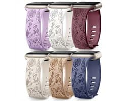 Gemengde kleur horlogebandjes 42mm (serie 1 / 2 / 3) / 44 mm / 45 mm / 46 mm (serie 10 / 11) / 49 mm (Ultra / Ultra 2) geschikt voor Apple Watch dames met bloemen gravure, siliconen smartwatch bandjes set van 6 vervangende horloge bandjes met gesp