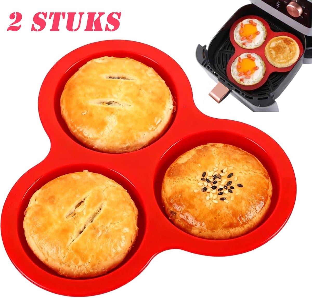 Siliconen cakevorm - 2 stuks - Taartvorm - 10 cm diameter - Eiervorm - Eierring - Bakplaat voor de airfryer - Voor Magnetron Kleine Taartjes Puddings Taart Ontbijt Patty - Geschikt voor airfryers van 6 liter en groter - rood — afbeelding 1