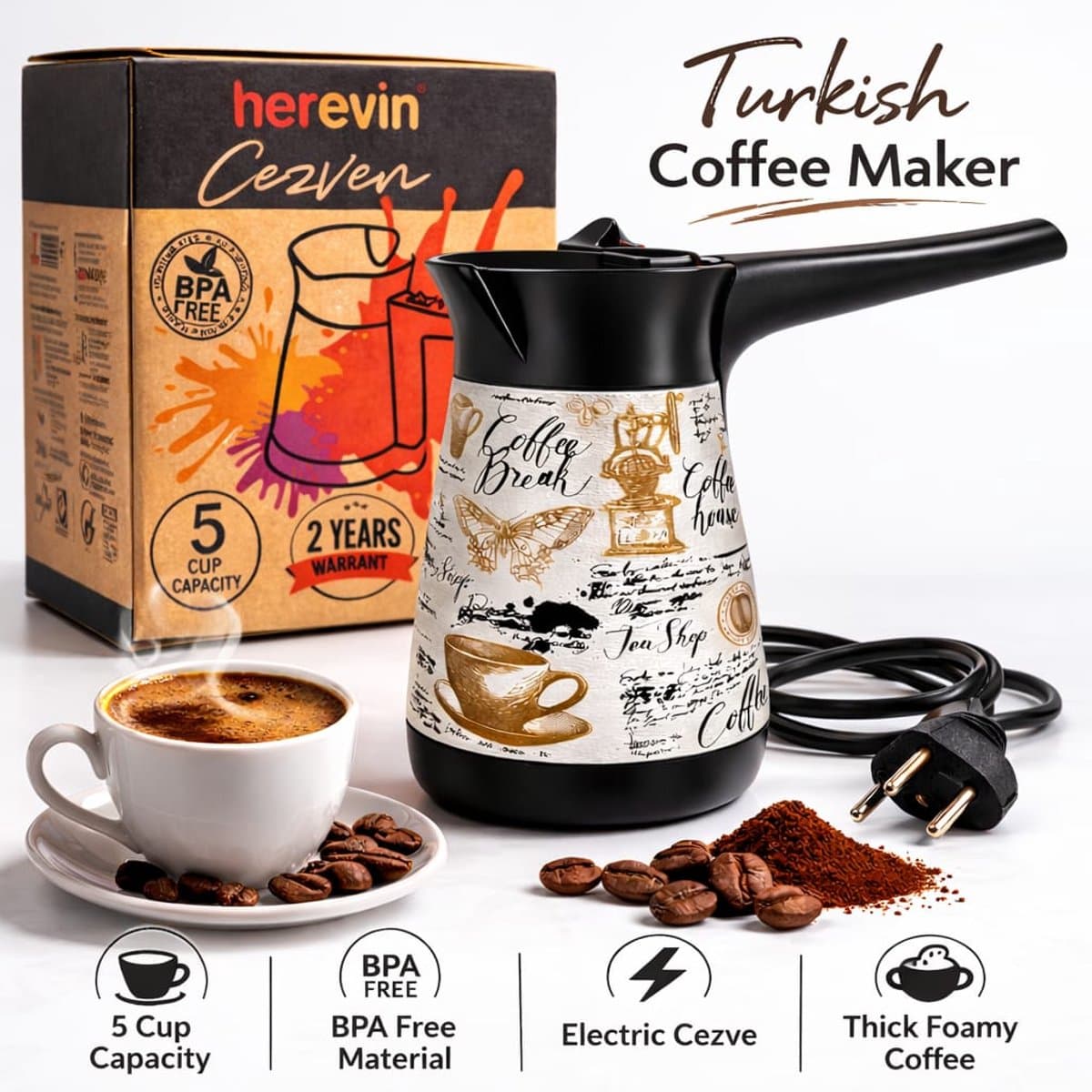 Turkish Coffee Maker – 5 Cup Capacity – BPA Free – Foamy Coffee — afbeelding 1