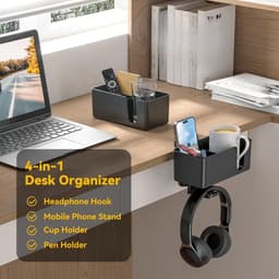 4-in-1 bureaubekerhouder met hoofdtelefoonhouder - Draaibare hoofdtelefoonhouder en afneembare opbergruimte voor bekers, telefoons en pennen (zwart). — thumbnail 2