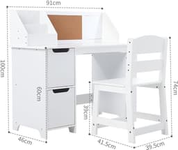 Kinderschreibtisch set met stoel - kinderbureau met opbergruimte, legplanken & prikbord - vanaf 3 jaar - wit — thumbnail 2