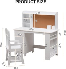Kinderbureau en Stoel met Opbergruimte - Houten Kindertafel met Etagère, Prikbord & Lade - Verstelbare Kinderstoel - Studiehoek Kinderkamer - 97x46x101cm - wit — thumbnail 2