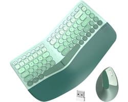 Draadloos Toetsenbord en Muis Set – Ergonomisch Computer Toetsenbord met Draadloze Muis voor PC, Laptop, Kantoor en Thuisgebruik - Groen